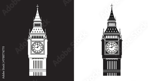 Black and White Vector Icon Set of a Stylized London Clock Tower Landmark