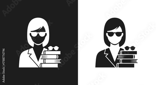 Minimalist Vector Icon of a Librarian Woman Holding Books in Flat Black and White Style