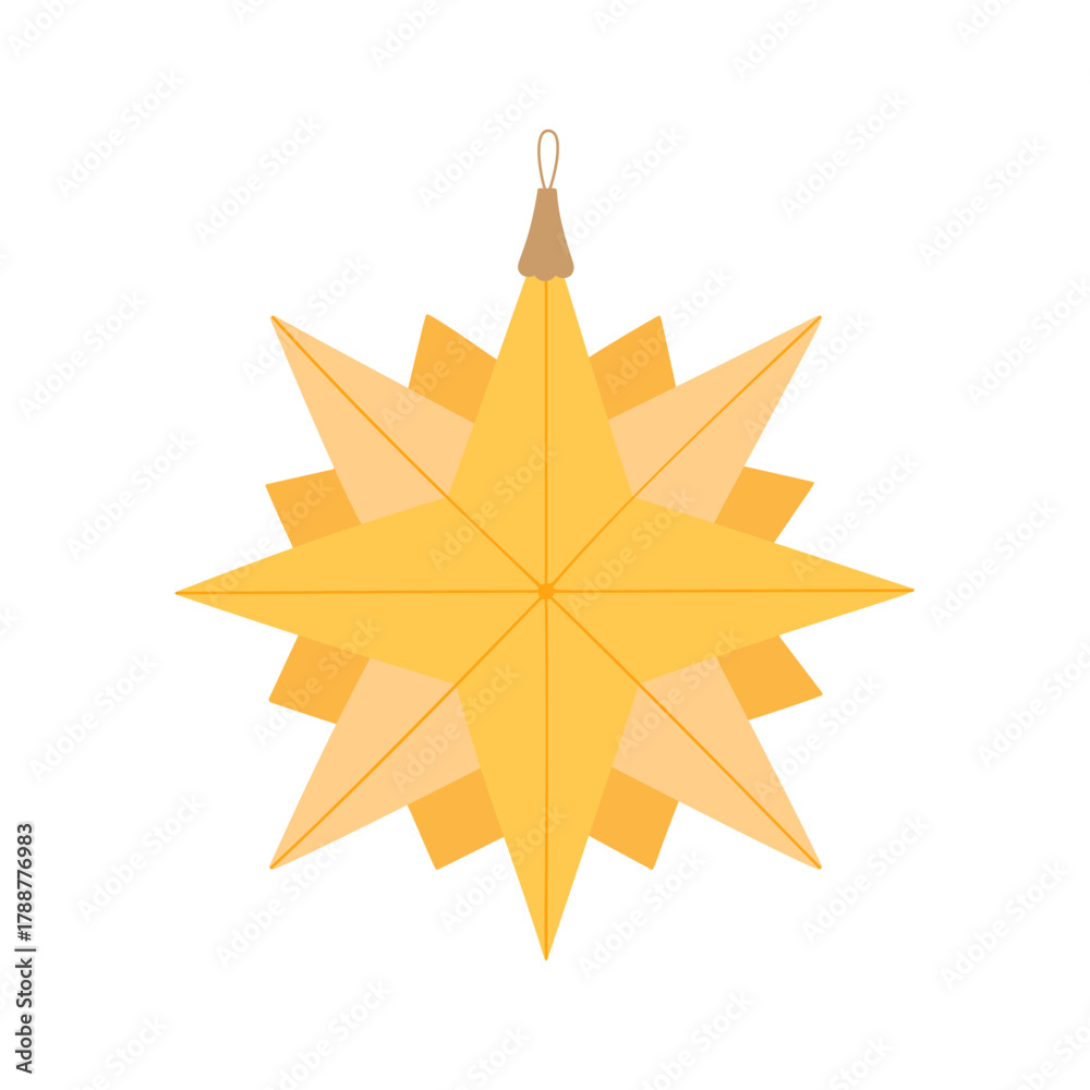 Obraz premium Christmas tree bauble in form of bright star festive decor simple doodle cartoon hand drawn vector illustration for winter holidays seasonal greeting card, invitations, banner, decor, sticker, clipart