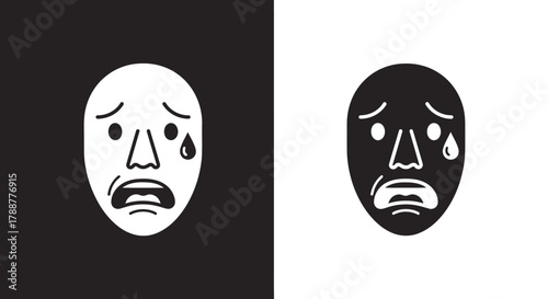 Icon Illustration Vector of a Stylized Tragic Theatre Mask with Sad Expression in Black and White