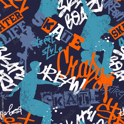 Urban style modern patern design with skateboardist. Sport extreme grunge print for guys on black background. Graffiti words and street art