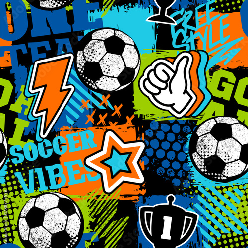 Abstract seamless chaotic pattern with soccer ball and urban geometric elements. Grunge neon texture background for guys. Football sport