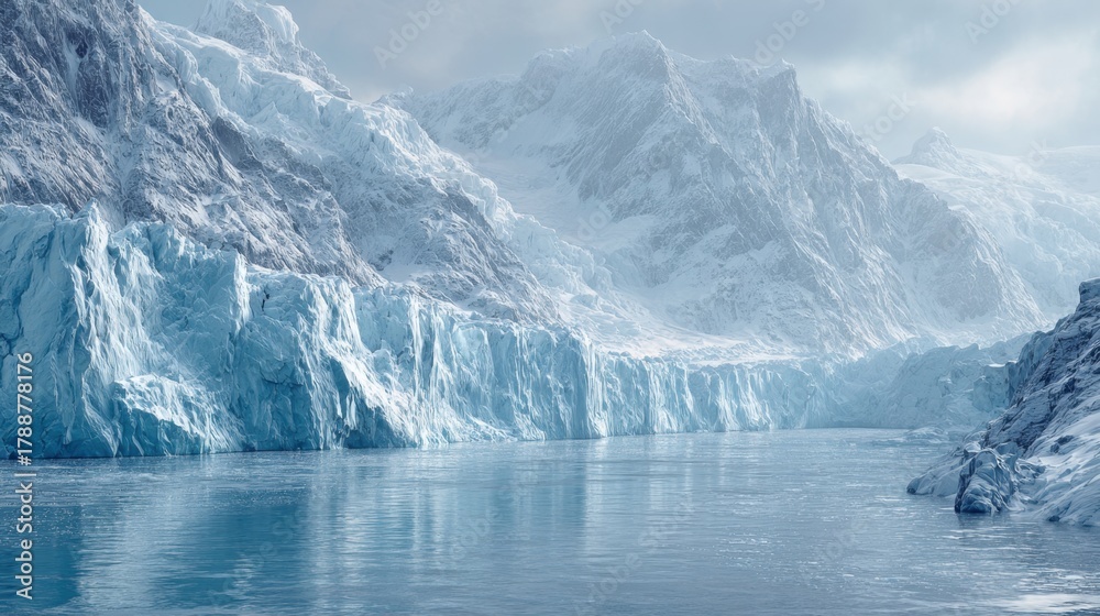 Fototapeta premium Stunning ice formations rise dramatically from the calm waters of a remote arctic landscape, surrounded by towering mountains under a cloudy twilight sky.