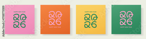 A set of 2026 New Year cozy greeting cards in a modern doodle typographic style. Creative abstract layouts for holiday posters, social media posts and stories, vector illustrations, square format.