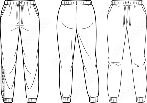 Flat vector illustration of jogger pants front and back view, fashion design template, clothing technical sketch, casual unisex garment outline