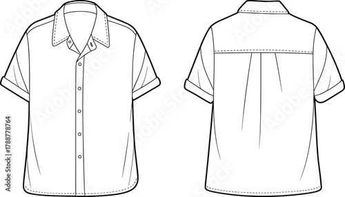 Flat vector illustration of women’s loose fit short sleeve shirt, casual button up blouse front and back technical drawing