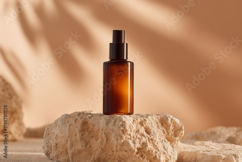 Elegant brown skincare bottle displayed on raw mineral rock, showcasing natural beauty and simplicity in a serene setting with soft shadows and warm tones