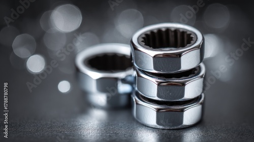 Close-up of Stacked Chrome Sockets with Blurred Background.