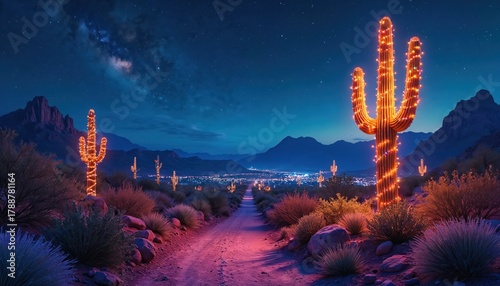 Saguaro cacti in desert landscape at night glow with xmas lights. A distant town twinkles under starry sky. Festive lights on desert plants, magical scene.