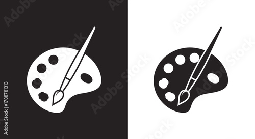 Minimalist Artist Palette Vector Icon with Paintbrush in Black and White