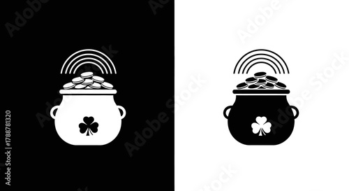St Patricks Day Vector Icon with Pot of Gold Shamrock and Rainbow