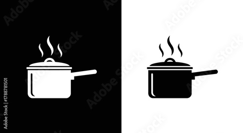 Minimalist Cooking Pot Vector Icon Set with Steam in Black and White