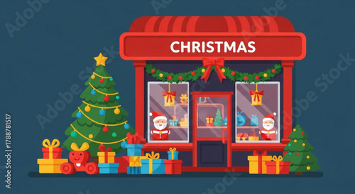 Christmas shop decorated with gifts and tree in festive colors  