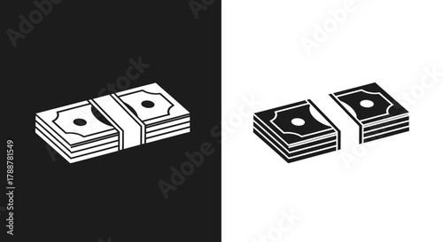 Icon Set Vector of a Minimalist Stack of Money Cash Bills in Black and White