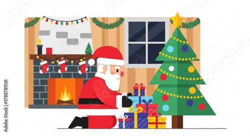 Santa Claus placing gifts under Christmas tree in cozy living room  