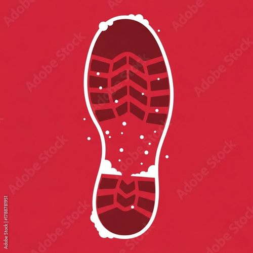 Shoe footprint in snow on red background symbolizing New Year, Christmas  