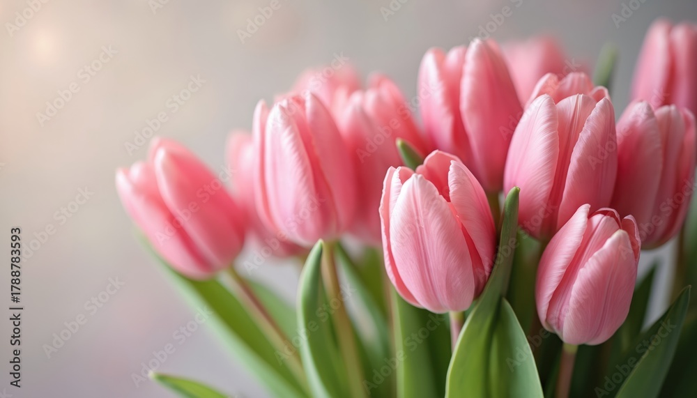 Naklejka premium Soft pink tulips bloom in a close-up view. Delicate petals unfurl, showing green stems and leaves. Gentle light illuminates the floral bunch, evoking spring.