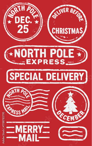 Christmas North Pole postmark and Santa mail rubber stamp set — festive holiday postal collection