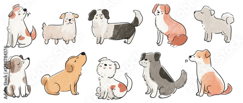 Charming hand drawn illustrations of various dog breeds and puppies.