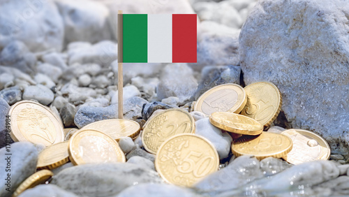 Fototapeta Naklejka Na Ścianę i Meble -  Italy flag with euro coins on a rocky riverbank, symbolizing finance, economy, savings, investment, European currency, and Italian economic growth and stability.