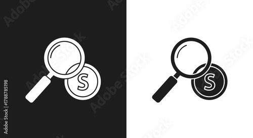 Magnifying glass over a dollar coin icon for financial analysis.