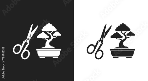 Minimalist Bonsai Tree and Scissors Vector Icon for Gardening Logo