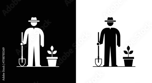 Minimalist Gardener Glyph Vector Icon with Shovel and Potted Plant Black and White