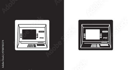 Minimalist ATM Machine Icon Vector Set in Black and White Flat Design
