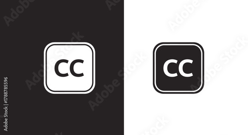 Monochrome Closed Captioning CC Icon Set on Black and White Backgrounds.