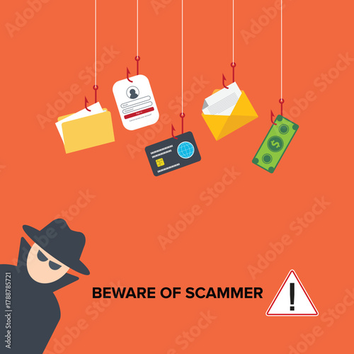 Hacker with laptop computer stealing confidential data, personal information and credit card detail. Beware of scammer