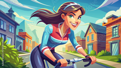 Very beautiful close-up of a woman riding a bicycle outdoors, sporty outfit, dynamic posture, smiling, realistic urban environment, healthy lifestyle.
