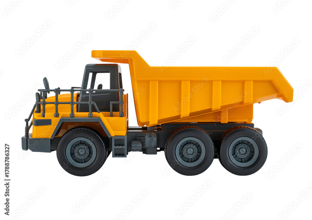 Fototapeta premium Bright yellow toy dump truck on a white background, side view, ready for construction play.