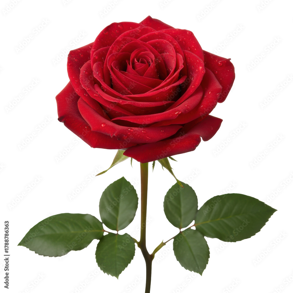 Fototapeta premium A captivating close up of a velvety red rose in full bloom, enhanced by delicate water droplets