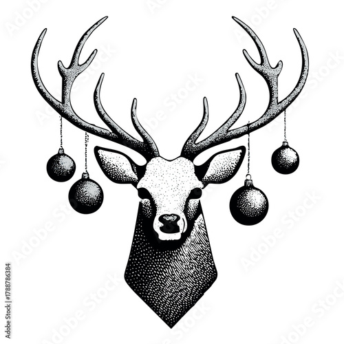 Black and white deer with horns logo, frontal symmetrical pose, Christmas baubles hang on the deer's horns, vector graphic design