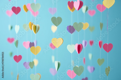 A vibrant display of hanging paper hearts in various colors including pink, yellow, green, and lavender, creating a playful decoration ideal for celebrations.
