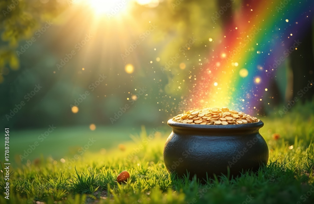 Obraz premium Pot full of gold coins sits on green grass. Rainbow arches with sparkling light over cauldron. Sunlight shines on magical Irish treasure in meadow.