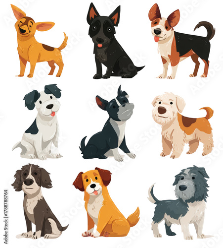 Set of nine adorable cartoon dogs in various breeds and poses.