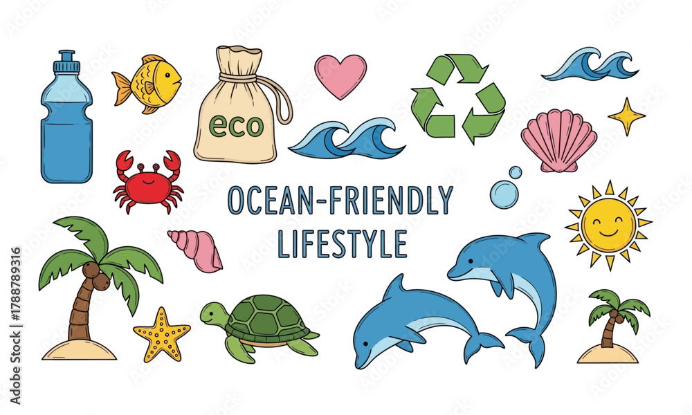 Naklejka premium Ocean friendly lifestyle icons and symbols