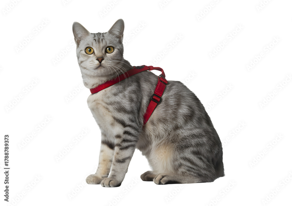 Obraz premium A silver tabby cat with yellow eyes wearing a red harness, sitting and looking forward on a white background.