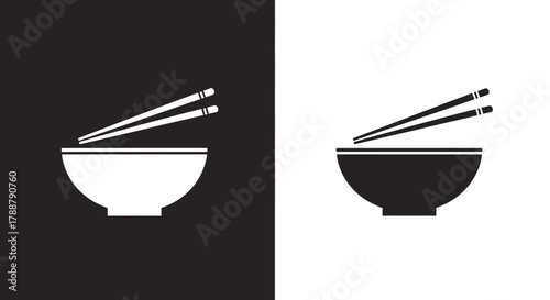 Minimalist Asian food icon with bowl and chopsticks vector set.
