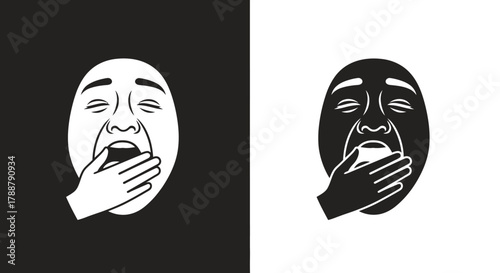 Monochrome graphic illustration of a sleepy person yawning with a hand over their mouth.