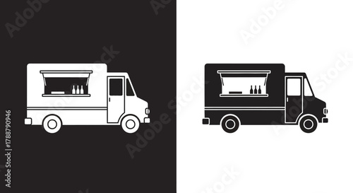 Black and white food truck vector icon set illustration.