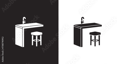 Minimalist Kitchen Island Vector Icon Set with Sink and Stool Furniture Silhouette