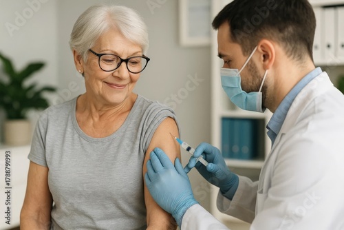 Elderly woman smiling while getting vaccinated by a healthcare professional wearing gloves and a mask in a clinic setting.