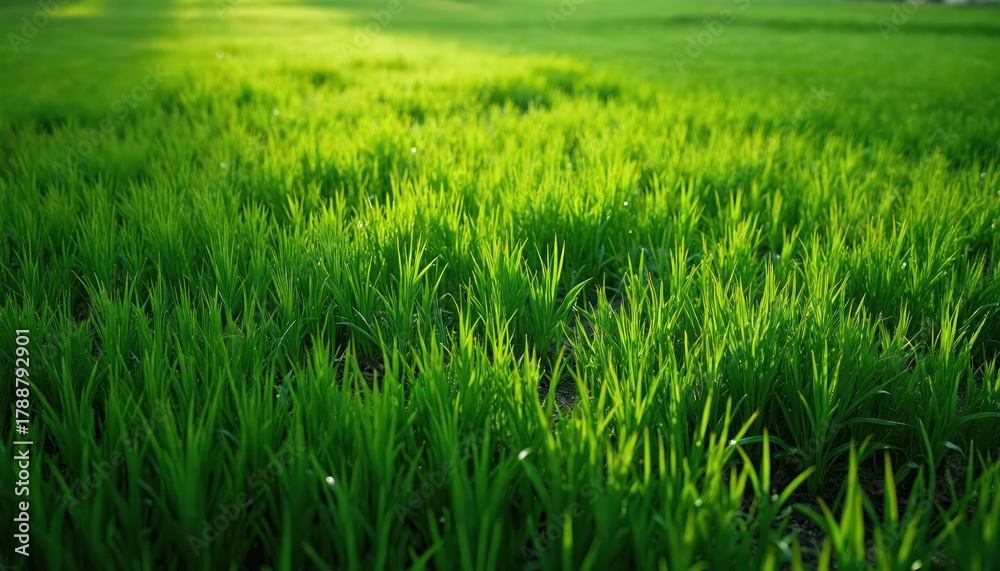 Obraz premium Vibrant green grass grows densely under warm sunlight. Rich blades sway gently creating a peaceful, natural scene. Healthy plant life fills frame.