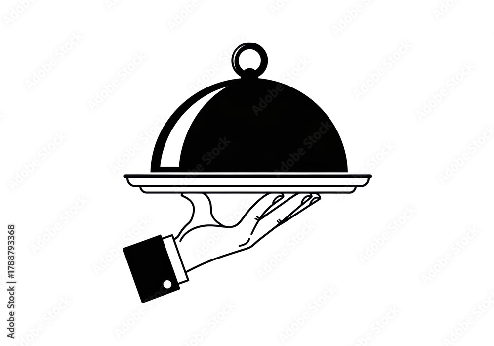 Obraz premium Elegant silver serving platter with dome cover isolated PNG, waiter hand holding tray for restaurant catering and special event service