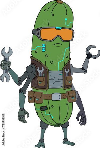 Serious pickle mechanic wielding a cybernetic wrench isolated