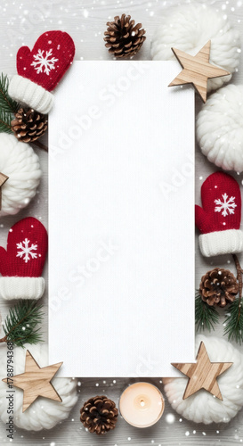 A festive holiday flat-lay arrangement featuring red mittens, knitted ornaments, pine cones, and wooden stars, creating a perfect frame for your winter messages.