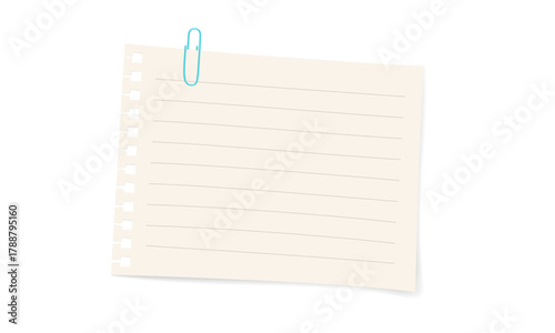 Single white paper note with colorful paper clip. Single white paper note with 3D paper clip. Realistic blank sheet . Vector illustration for office, memo, or stationery design element.