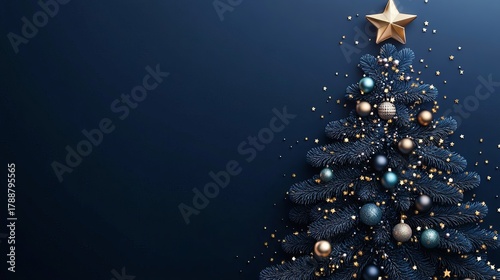Elegant dark blue Christmas tree adorned with shimmering gold stars and festive baubles creates a magical holiday atmosphere for seasonal celebrations